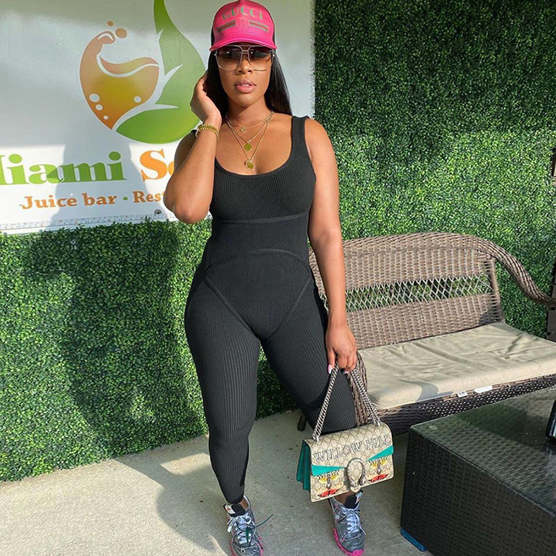 BOOFEENAA Sexy Ribbed Sleeveless Backless Bodycon Jumpsuit Sporty One Piece Outfits Jump Suits for Women Active Wear C87-AC40 T200509