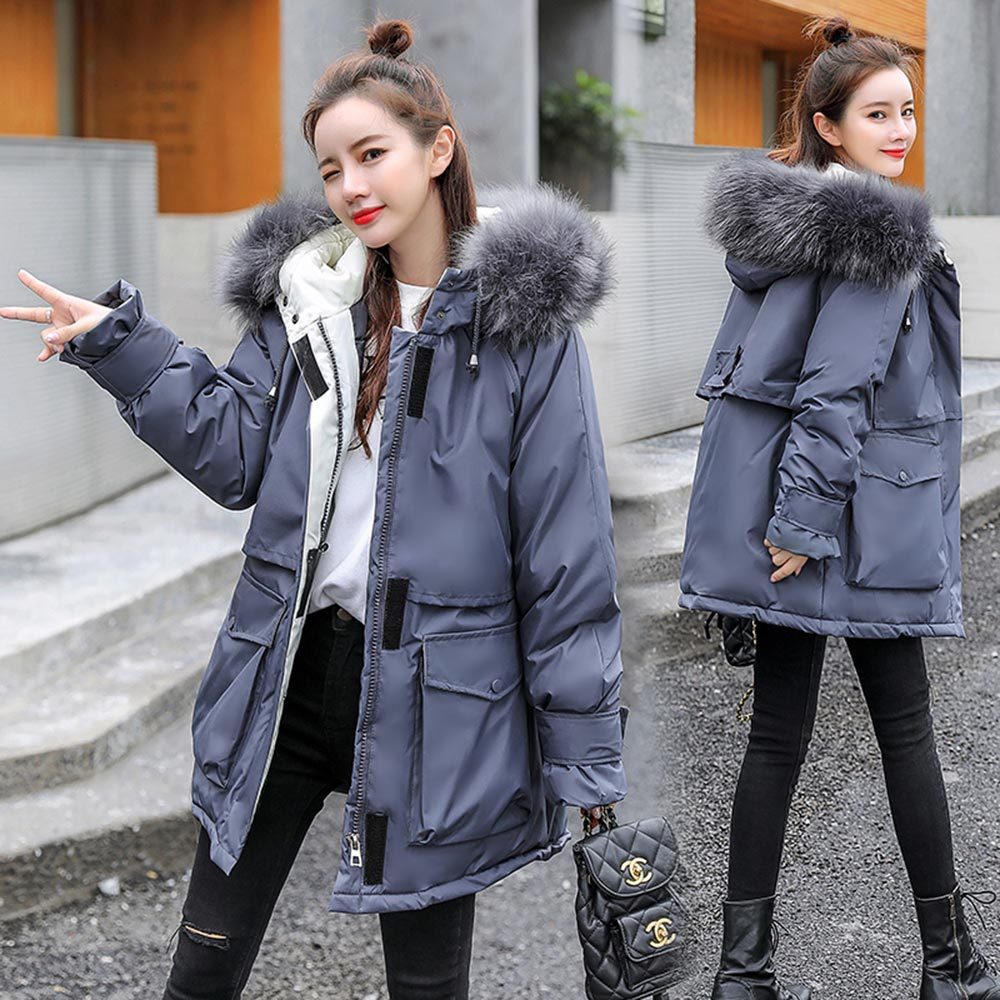 PinkyIsBlack New Fashoin Thick Loose Medium Long Winter Jacket Women Casual Big Pockets Hooded Parka Coat Female Fur Collar 201217