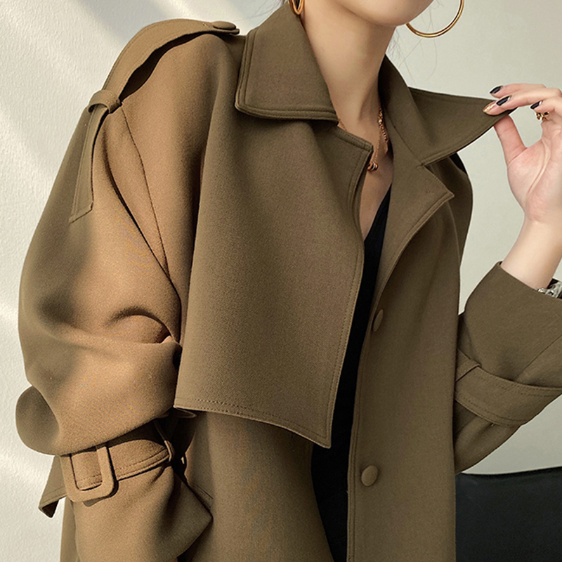 [EAM] Women Brown Stitch Big Size Trench New Lapel Long Sleeve Loose Fit Windbreaker Fashion Tide Spring Autumn 1DB309 201211