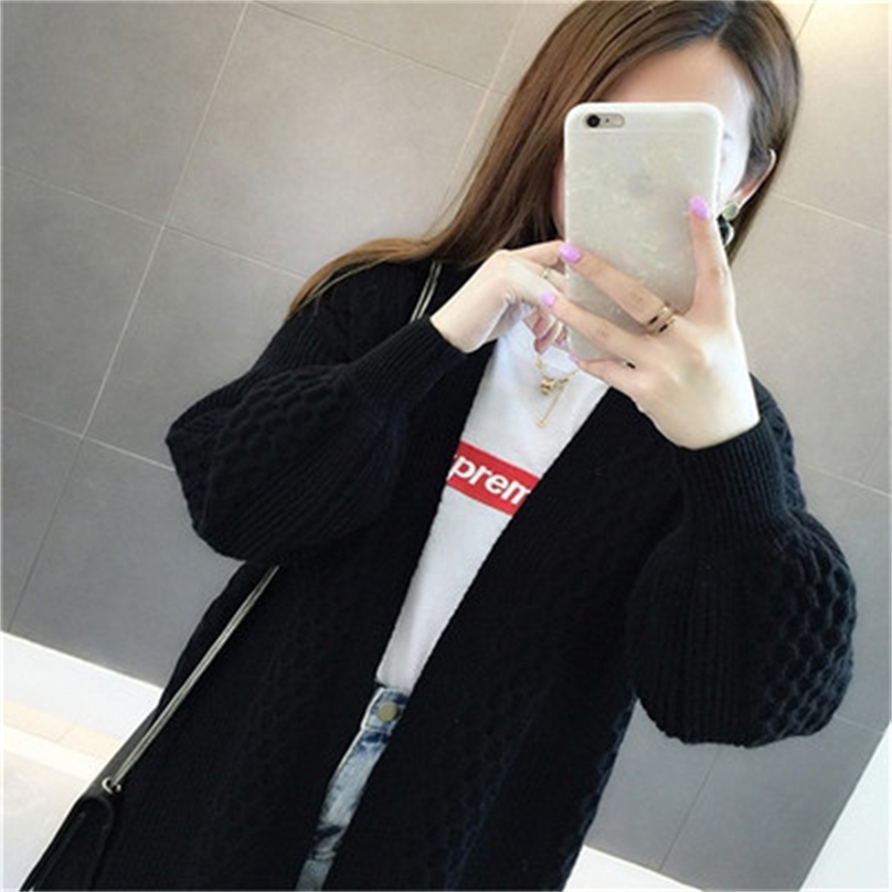 knitted cardigan women's wear 2009 spring wear V-collar pure-color foam sleeve sweater loose Korean version jacket 201223