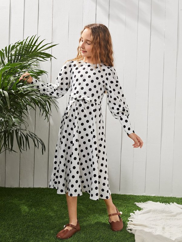 Girls 1Pc Polka Dot Belted Lantern Sleeve Dress SHE