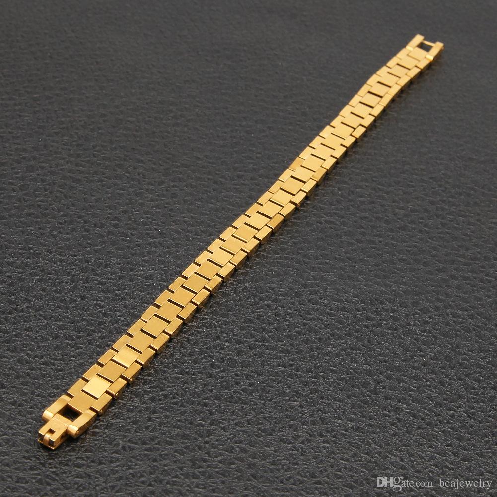 Gold Plated Watch Strap Link Chain Bracelet 21cm*1cm Stainless Steel Style Wristband Adjustable Mens Hip Hop Punk Rock Jewelry Bangle Cool Gift Bijoux