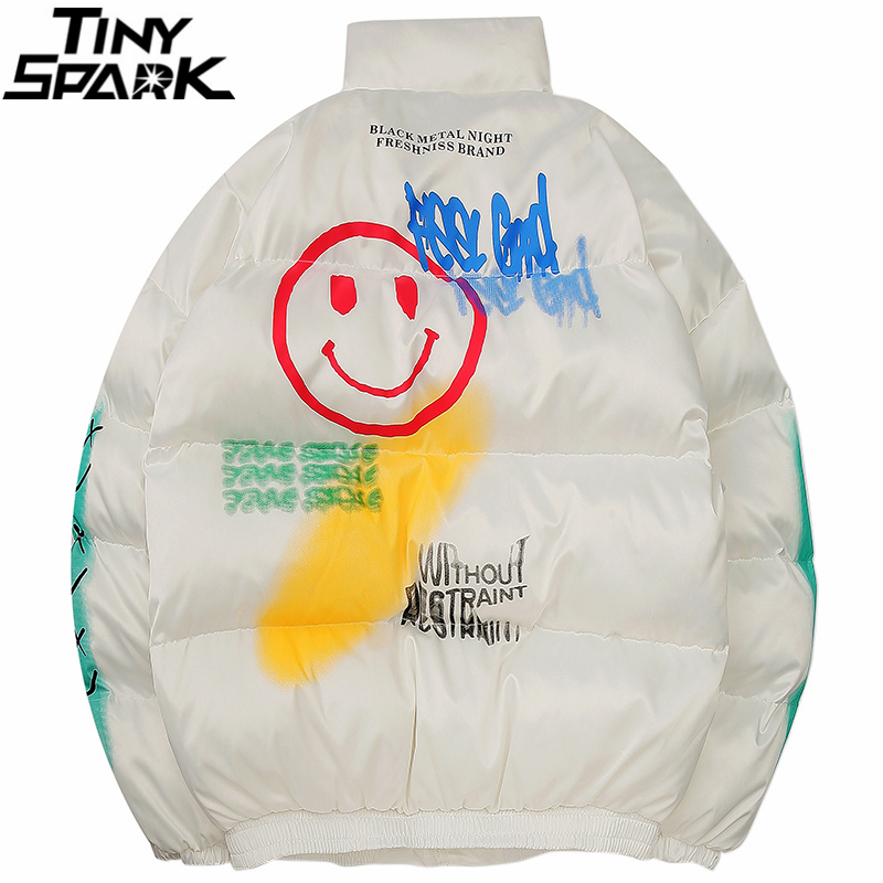 Hip Hop Jacket Parka Happy Graffiti Print Men Windbreaker Streetwear Harajuku Winter Padded Jacket Coat Warm Outwear Thick 201026