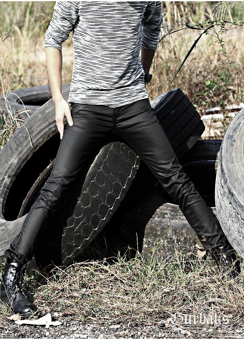 Idopy Men's Coated Jeans Waxed Black Punk Style Motorcycle Jeans Slim Fit Biker Denim Pants For Male Y200116