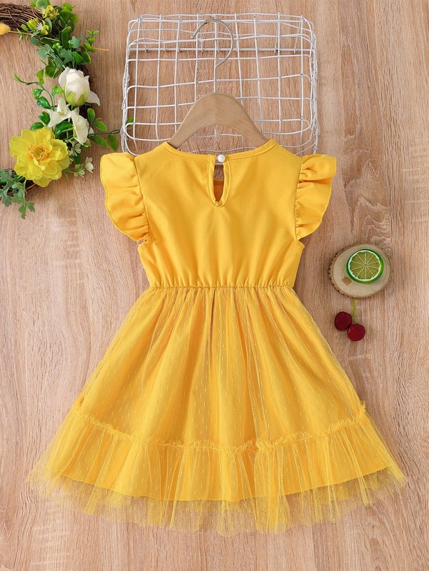 Toddler Girls Floral Embroidery Butterfly Sleeve Mesh Hem Dress SHE