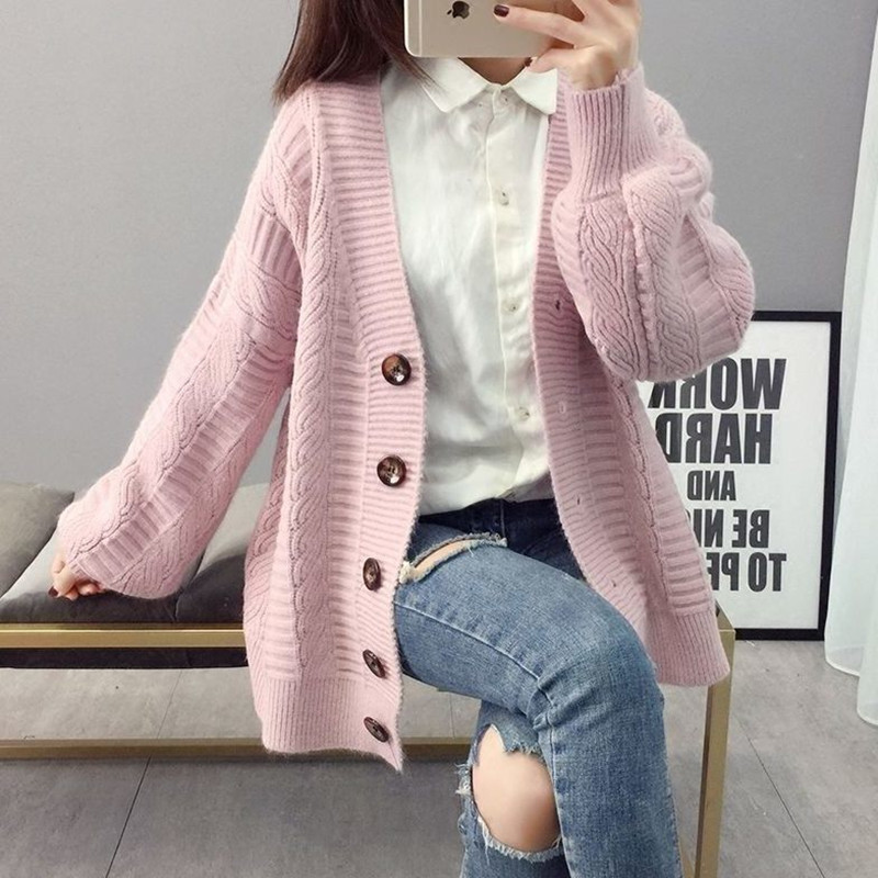 Sweater cardigan jacket female loose Korean student spring and autumn 2021 new sweater trend round button net red old K 210204