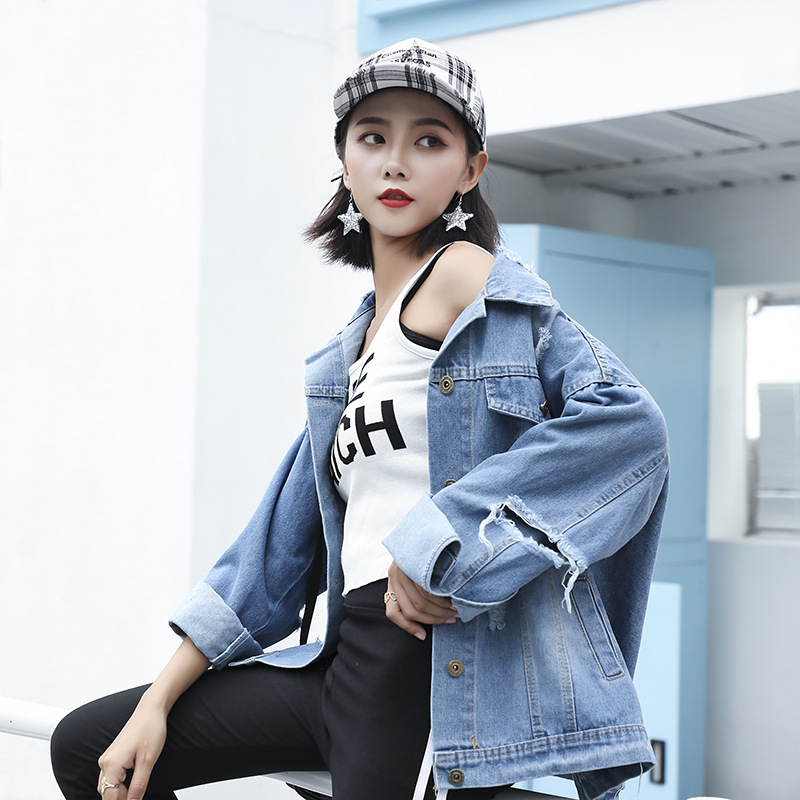 2019 Vintage Letter Print Frayed Jean Jacket Women Long Sleeve Ripped Hole Denim Coat Female Spring Causal Bomber Jackets T200319