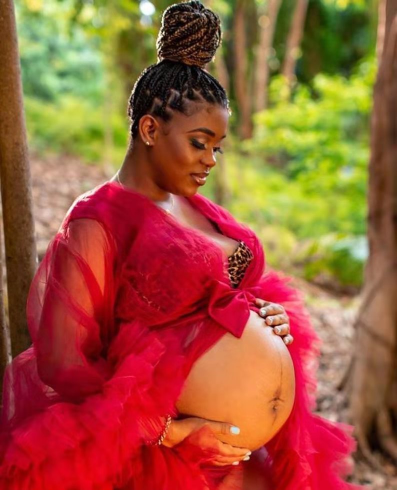 Red Maternity Undergarments Luxury Ruffles Long Sleeves Wedding Sleepwear Bathrobes Nightgowns Tiered Skirts Robes Women Dress Kimono