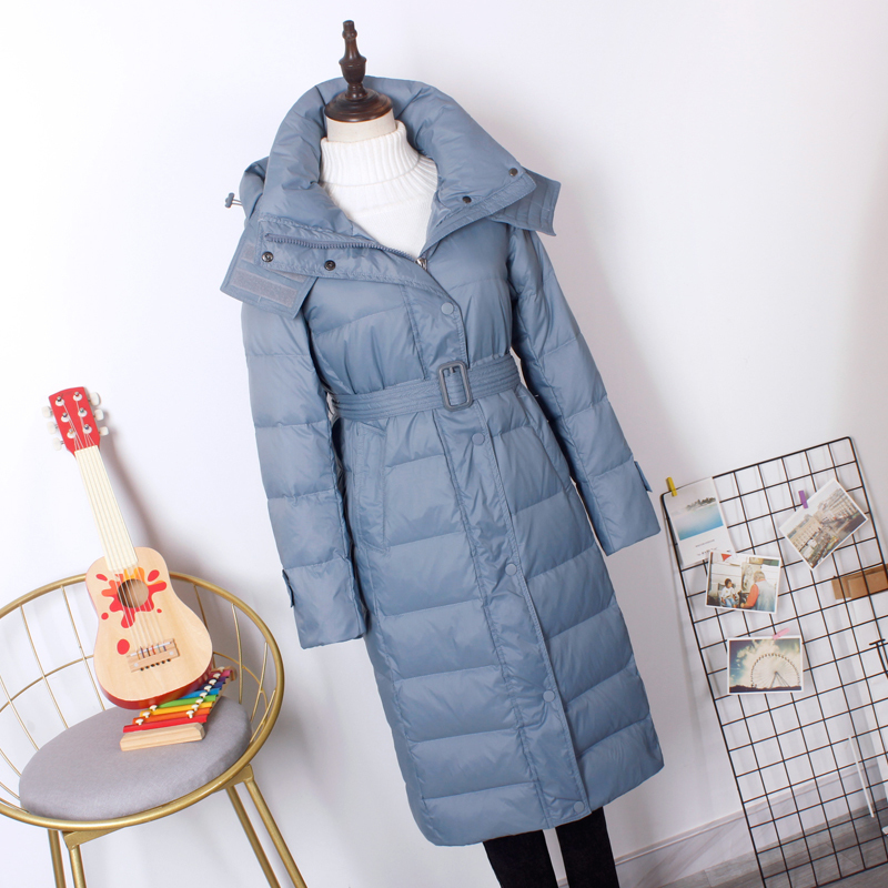 Winter Fashion Long White Duck Down Coat With Hood Detachable Female Thick Thin Warm Jacket With Belt Windproof Good Quanlity 201019