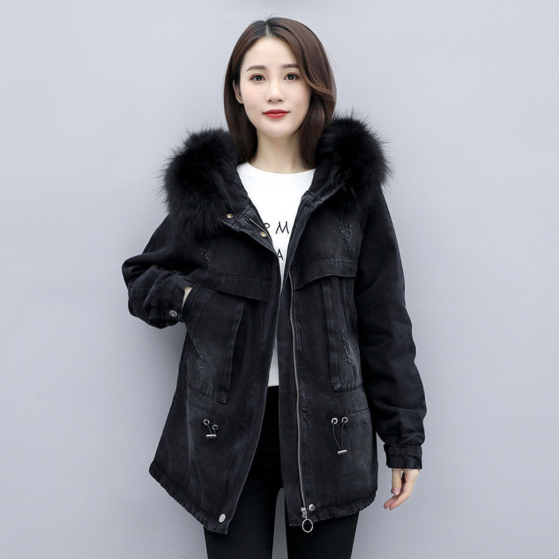 Thick Faux Fur Collar Denim Jacket Cotton-padded Jacket Women Winter Hooded Flannelette Warm Black Jacket Coat Plus Size, Black;brown
Thick Faux Fur Collar Denim Jacket Cotton-padded Jacket Women Winter Hooded Flannelette Warm Black Jacket Coat Plus Size, Black;brown