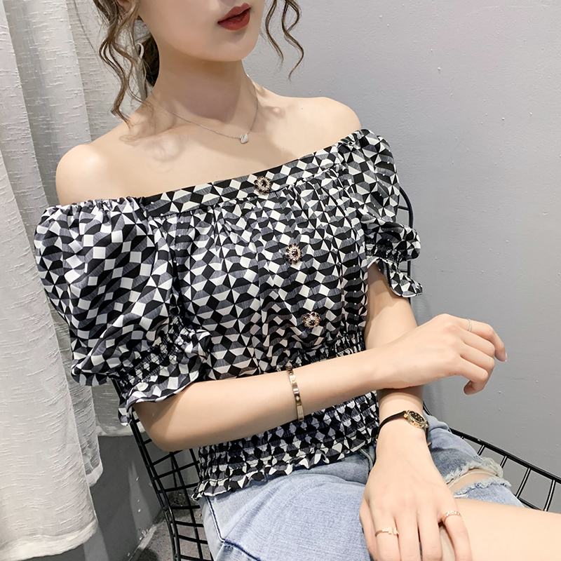 Summer Women's blouse shirt New French Retro Plaid Tops Women's shirt Flavor Shoulder Blusas T200608