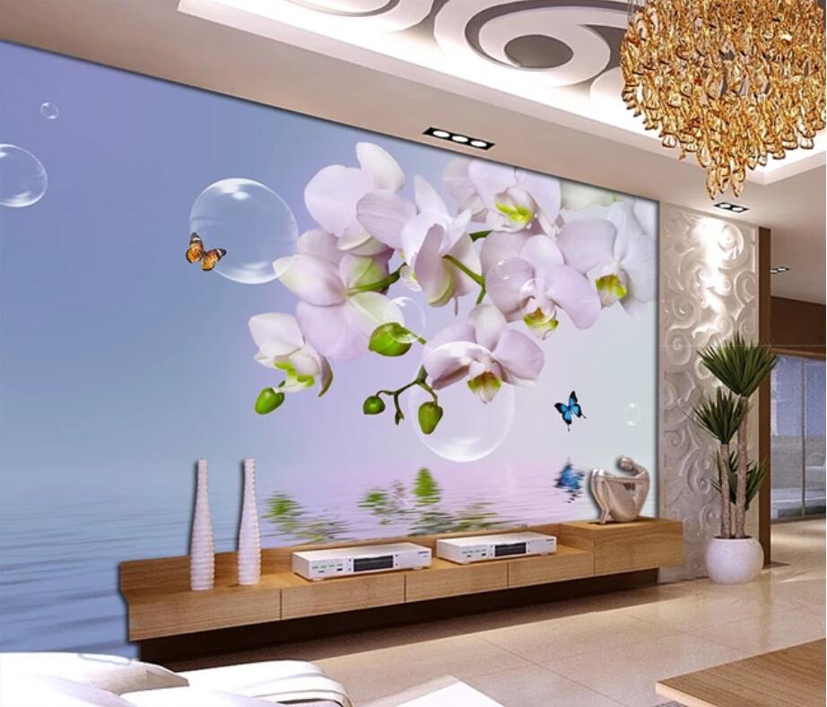 Custom large wallpaper 3d mural dreamy butterfly orchid bubble orchid reflection TV background wall papers home decor