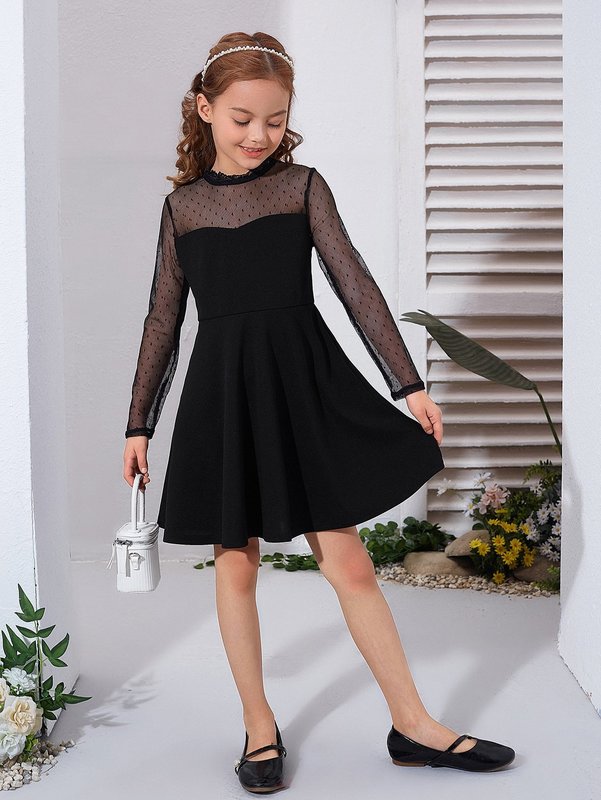 Girls Sheer Mesh Yoke And Sleeve Dress SHE