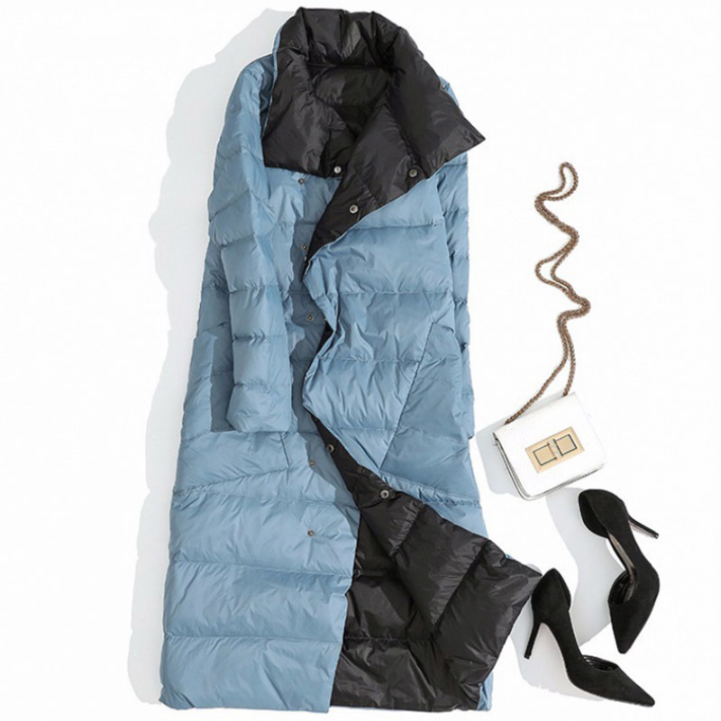 FTLZZ Plus Size 3XL Women Double Sided Down Long Jacket White Duck Down Coat Winter Double Breasted Warm Parkas Snow Outwear 201214