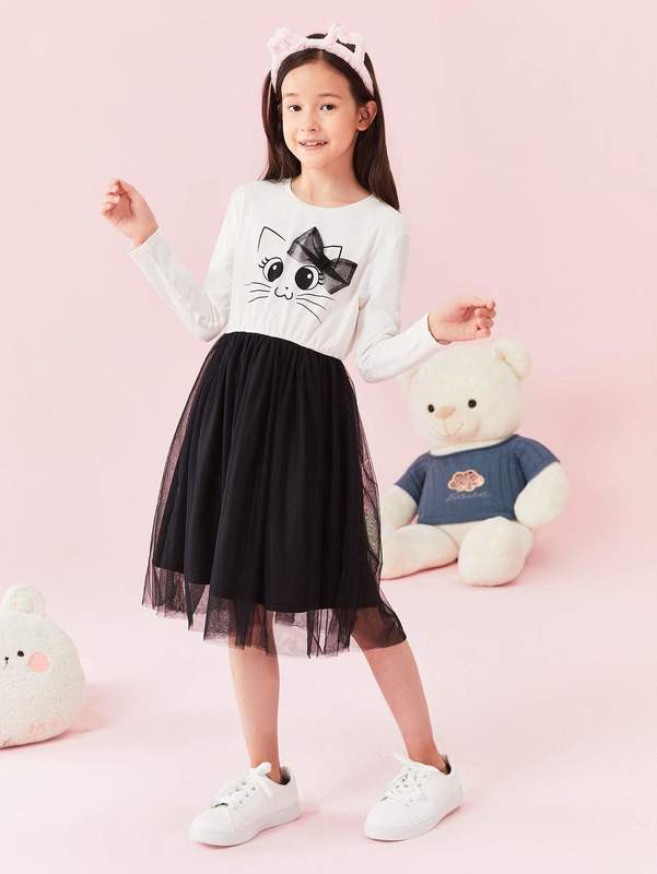 Girls Bow Detail Cat Print Mesh Overlay Dress SHE