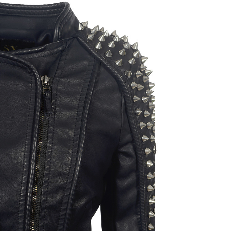 Women Leather Jacket New Spikes Stars Slim Bi-metal Silver Rivet Metallic Jacket PU Punk Biker Leather Coats SX01 Y201006