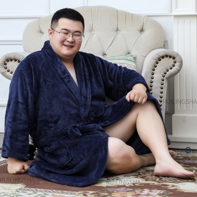 Men Plus Size Warm Flannel Bathrobe 40130 KG Men Winter Coral Fleece Bath Robe Night Sleepwear Women Dressing Gown Cozy Robes 201109