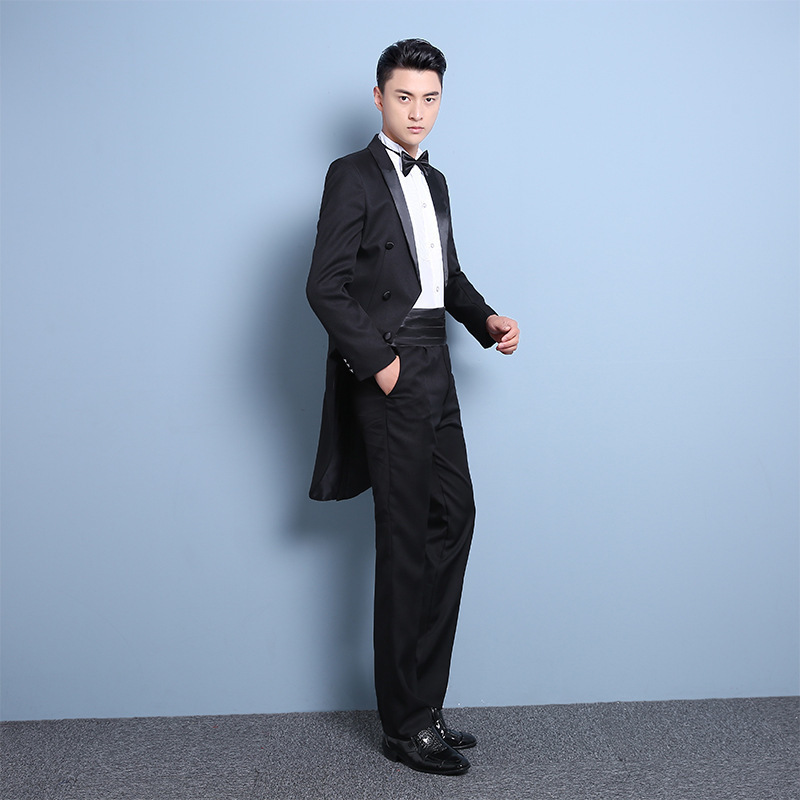PYJTRL Plus Size S4XL Mens Classic Black White Shiny Lapel Tail Coat Tuxedo Wedding Groom Stage Singer Four Piece Suit 201106