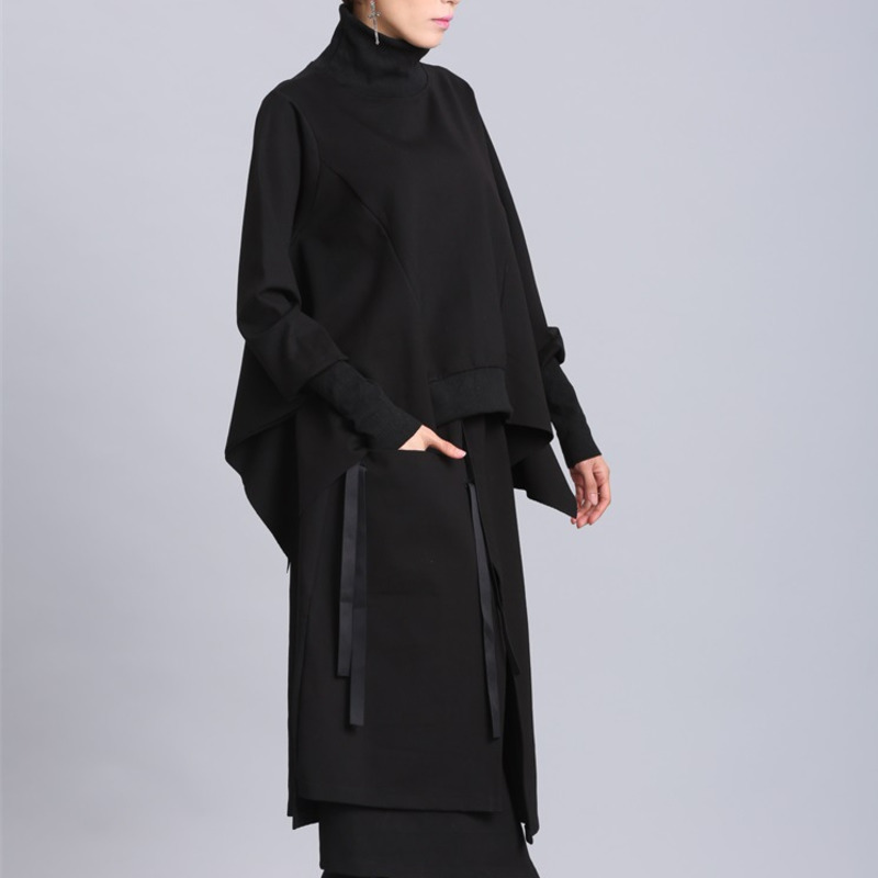 [EAM] Loose Fit Black Asymmetrical Oversized Sweatshirt New Turtleneck Long Sleeve Women Big Size Fashion Tide Spring LJ201130