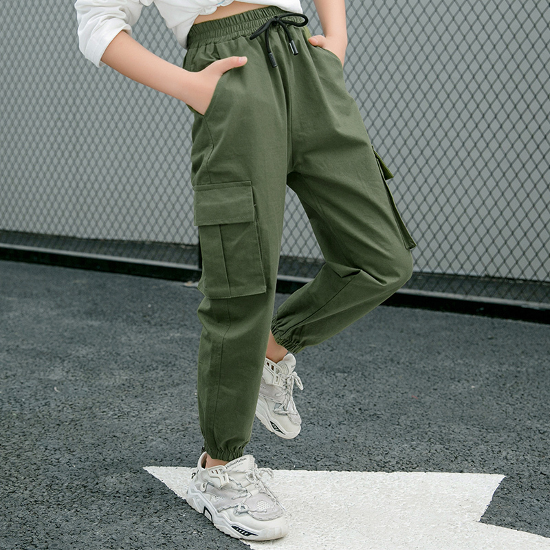 for Kids Girls Cargo Pure Color Trousers Pocket Loose Sport High Waist Elastic Children Casual Running Pants LJ201019