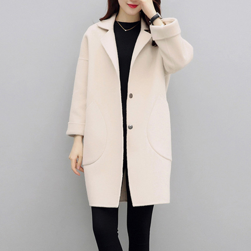 Women Solid Medium Long Woolen Coat Ladies Pocket Open Stitch Turn Down Collar Coats Autumn Winter Female Casual Outerwear 201215