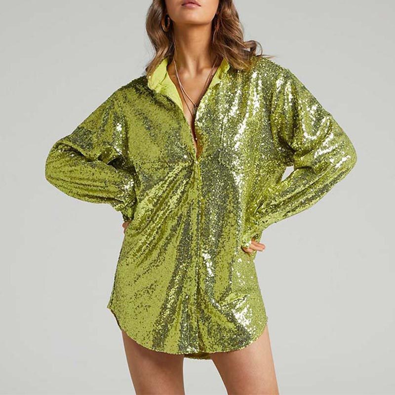 V Neck Sequins Party Dresses Long Sleeve Autumn Winter Loose Y2K Women Mini Shirts Dress Sexy Club Glitter Dress 220310
