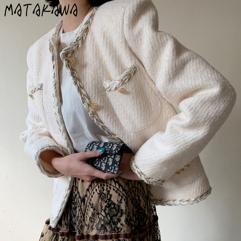 MATAKAWA Korean Round Neck Trim Woolen Coat Woman Single Breasted Loose Multi-pocket Long Sleeve Fall Clothes for Women 201216