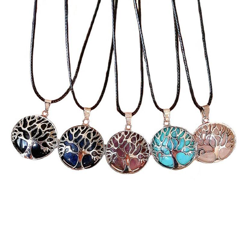 Natrual Stone Tree of Life Pendant Necklace Healing Amulet Chakra Healing Birthstone Necklaces for Women Nice Family Jewelry Gift