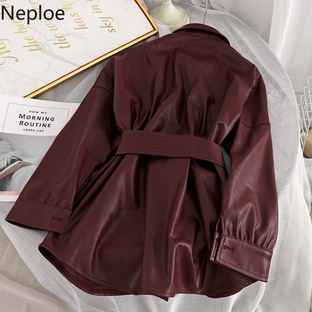 Neploe Autumn Women Long Leather Jacket Slim Bow Belt Motorcycle PU Leather Long Jacket Coat Leather Trench Coat 4e508 201029