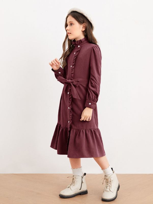 Girls Button Front Tie Front Ruffle Hem Dress SHE