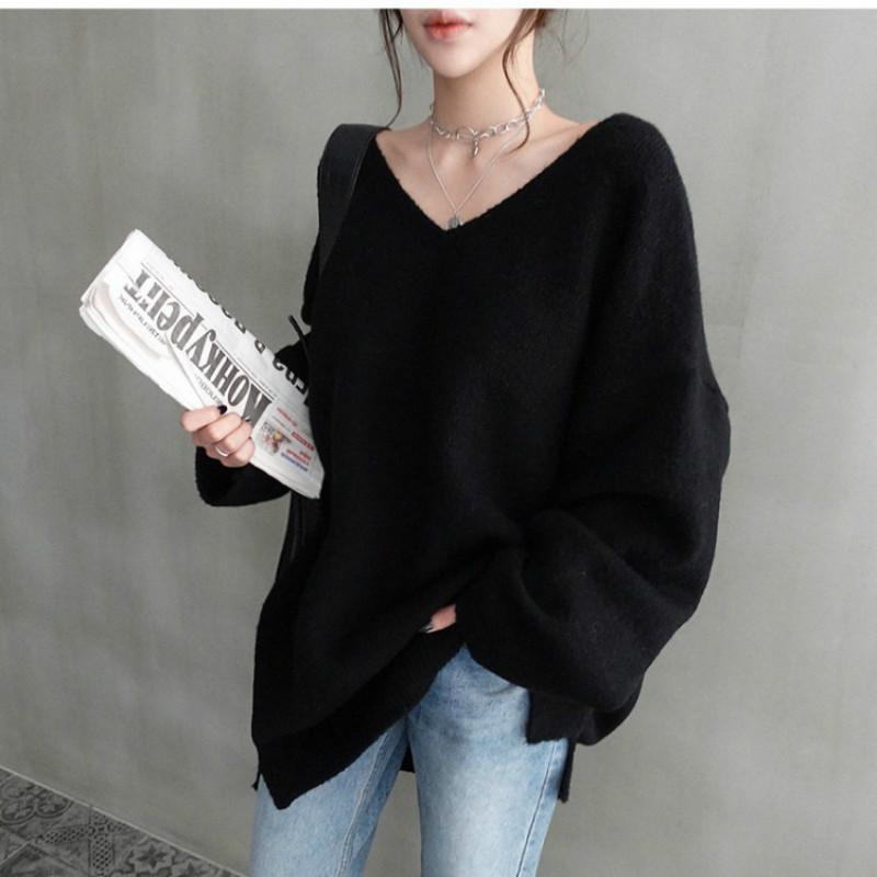 2020 Korean autumn / winter new top V-neck comfortable and relaxed lazy style solid color long sleeve sweater for women, Black
2020 Korean autumn / winter new top V-neck comfortable and relaxed lazy style solid color long sleeve sweater for women, Black