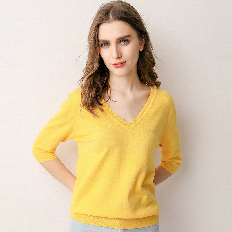 Ladies Spring Summer Women Sweaters Pullovers Solid V Neck Half Sleeve Knitted Jumper Thin Soft Slim Casual Sweater Tops Female 201225