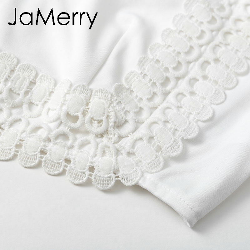 JaMerry Vintage elegant lace bodycon dress White two piece set hollow out autumn dress suit Winter sexy party club mini dresses T200911