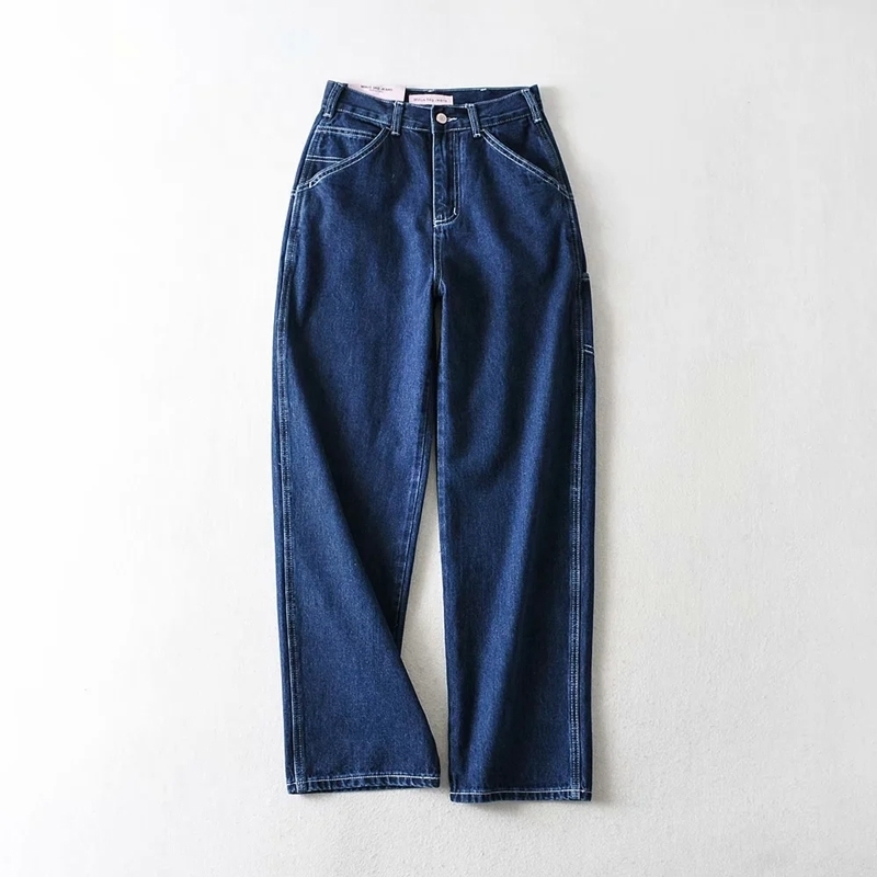 Women High Rise Straight Leg Jean Dark Wash Relaxed Fit Denim Pants 201106