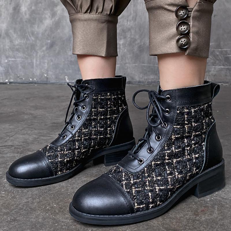 New Handmade Genuine Leather Low Platform Cross Tied Boots Round Toe Shoes Lace Up Square Heels Plaid Knitting Women Ankle Boots, Black
New Handmade Genuine Leather Low Platform Cross Tied Boots Round Toe Shoes Lace Up Square Heels Plaid Knitting Women Ankle Boots, Black
