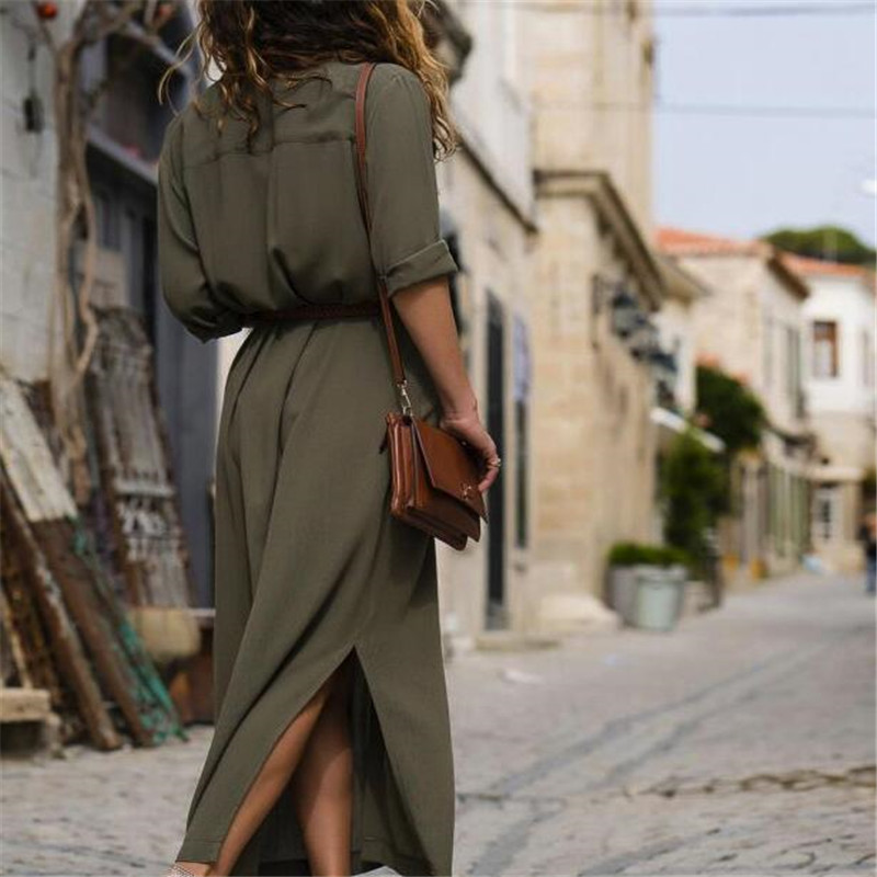 Spring Summer Women Long Dress Long Sleeve Sexy Button A-Line Solid Shirt Dresses With Belt Sexy Summer Dress vestidos T200604