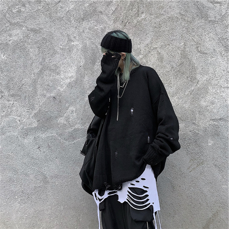 Women vintage punk long sleeve t shirt black white ripped hole tops ladies harajuku hip hop oversized tee shirts 201028