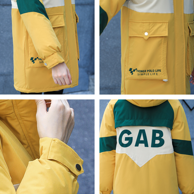 Korean Style Women's Jackets Patchwork Long Parkas Female Winter Hooded Letter Print Thick Oversized Stand Collar Outwear 201019