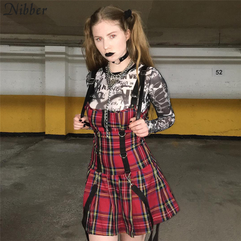 Nibber new women plaid red mini dress gothic style sling sleeveless dress spring Autumn New Fashion girl wild dress T200107