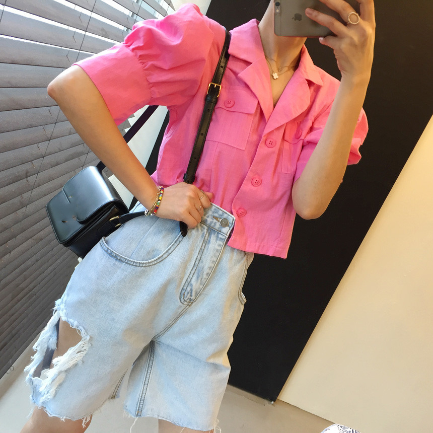 Gagarich Women Coat Korean Style Chic Summer Simple Candy-Colored Single-Breasted Loose Puff Sleeve Suit Cropped Jackets Ladies 201029