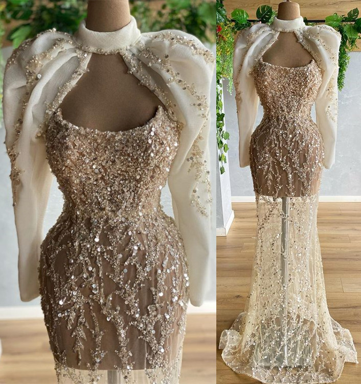 2022 Plus Size Arabic Aso Ebi Luxurious Sparkly Mermaid Prom Dresses Beaded Sequined Evening Formal Party Second Reception Birthday Engagement Gowns D
