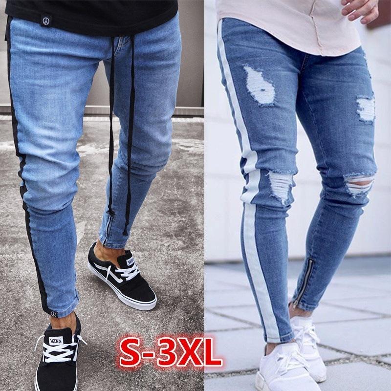 Men Jeans with Side Strip Patchwork Ripped Distressed Jeans Slim Fit Male Pencil Pants Full Length Denim Men Clothing Trousers, Blue
Men Jeans with Side Strip Patchwork Ripped Distressed Jeans Slim Fit Male Pencil Pants Full Length Denim Men Clothing Trousers, Blue