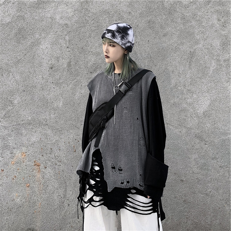 Women vintage punk long sleeve t shirt black white ripped hole tops ladies harajuku hip hop oversized tee shirts 201028