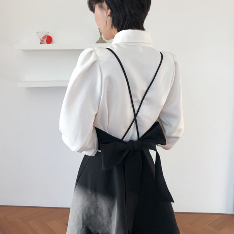 Sister Fara Spring Dress Women Single Breasted Lantern Sleeve Shirt Set+Camisole Bow Pleated Solid Dresses 220308