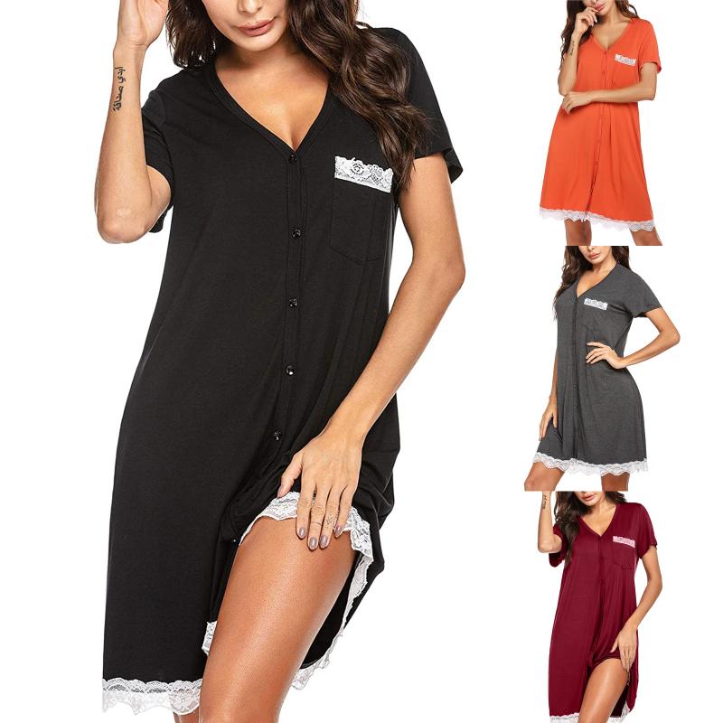 Women Sleepwear Shirt Night Dress Casual Loose Lace Patchwork Short Sleeve Button Solid Color V-Neck Nightdress nuisette femme, Black
Women Sleepwear Shirt Night Dress Casual Loose Lace Patchwork Short Sleeve Button Solid Color V-Neck Nightdress nuisette femme, Black