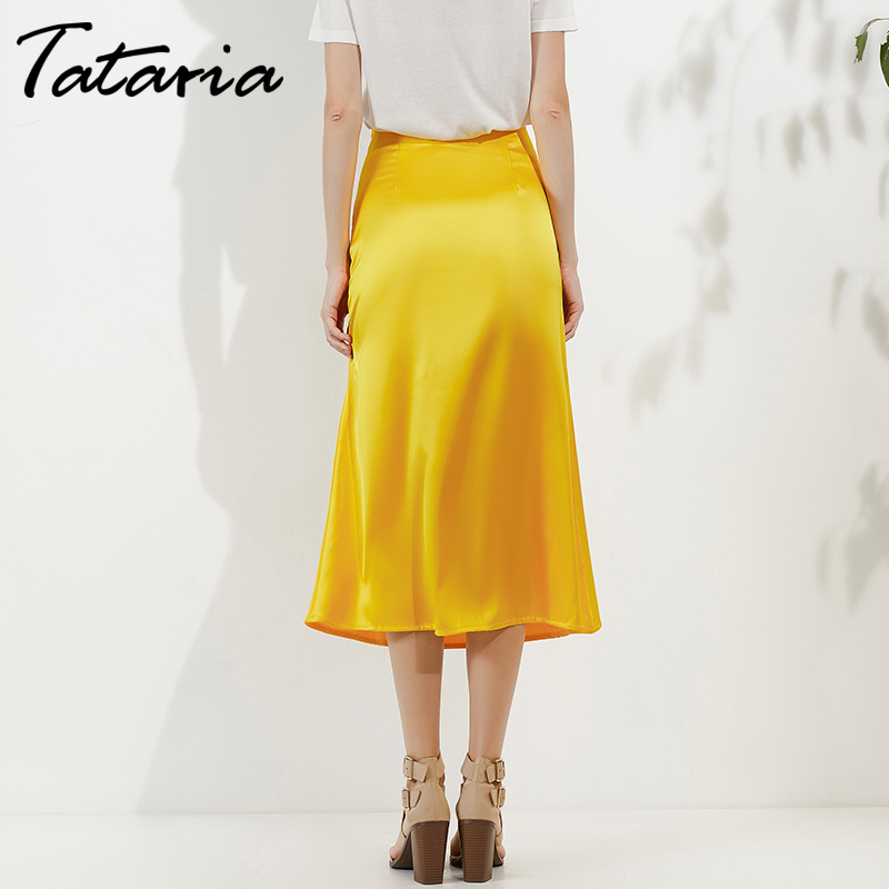 Tataria High Waisted for Silk Satin ALine Elegant Skirts Women Midi Skirt New Korean Style T200324