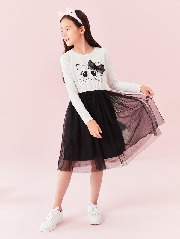 Girls Bow Detail Cat Print Mesh Overlay Dress SHE