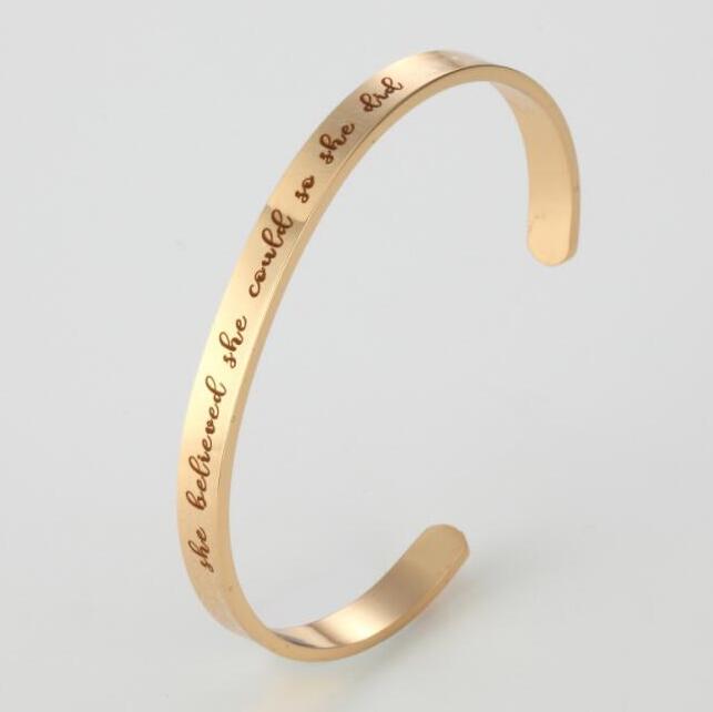 Stainless Steel Inspirational Cuff Bangle She believed she could so she did Personalized Letter Word bracelets for women men Lovers Fashion Jewelry Wh