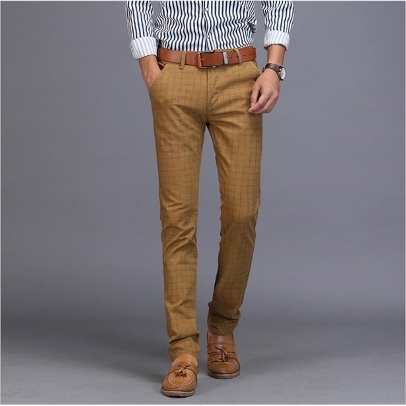 Cotton Linen Slim Fit Formal Plaid Suit Men Skinny Work Pants Office Wear Mens Dress Trousers Khaki Black Grey Blue Y201026