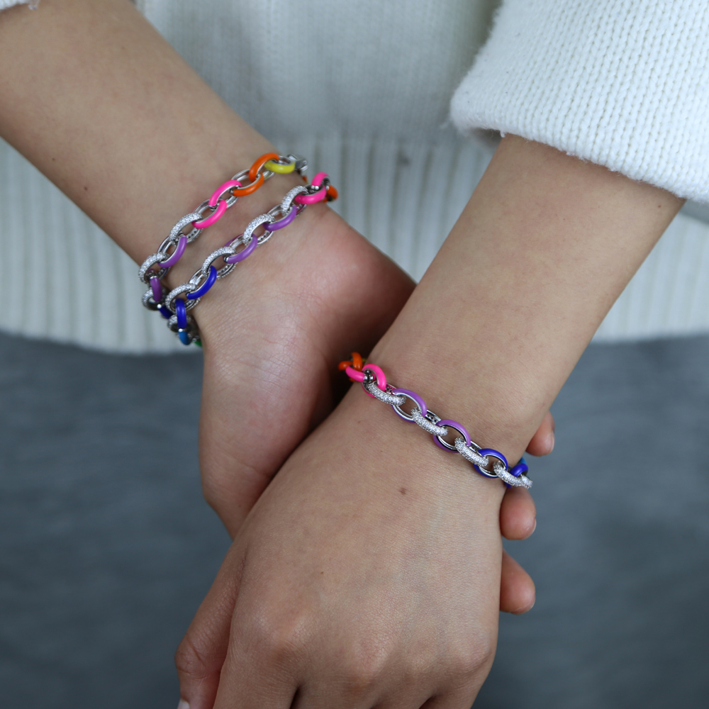 2021 New Arrived Fashion Women Jewelry Micro Pave CZ Neon Enamel 8MM Rolo Link Chain Bracelet